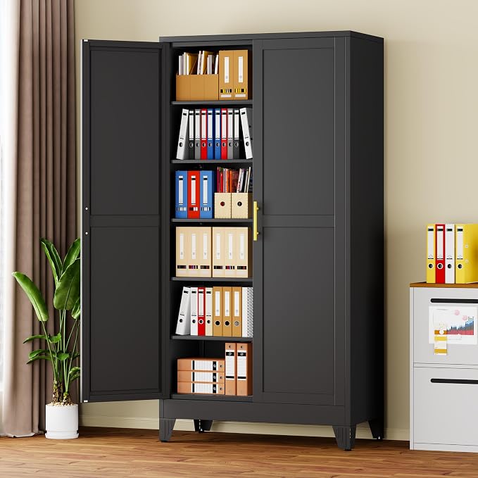 winiowa 78.7" Tall Metal Pantry Cabinet, Kitchen Storage Organizer, Black | with 2 Doors and 5 Adjustable Shelves, Versatile Storage Cupboard for Kitchen, Laundry, Dining & Utility Room