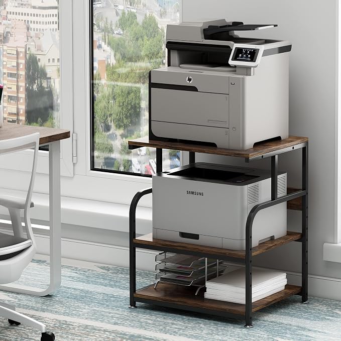 Fannova Large Printer Stand Table with Height Adjustable Storage Shelf | 23.6"x18.9"x30", Metal Frame, Industrial Wheels, 3 Tier Rolling 3D Printer Cart for Home Office Organization, Rustic Brown
