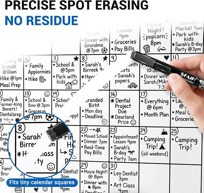 SFAIH Black Magnetic Dry Erase Markers, 0.7mm Ultra Fine Tip, with Eraser | Low Odor, Easily Erases, Whiteboard Markers for Detail Work & Note Taking, Math, Drafting & Professional Use, Non-Toxi