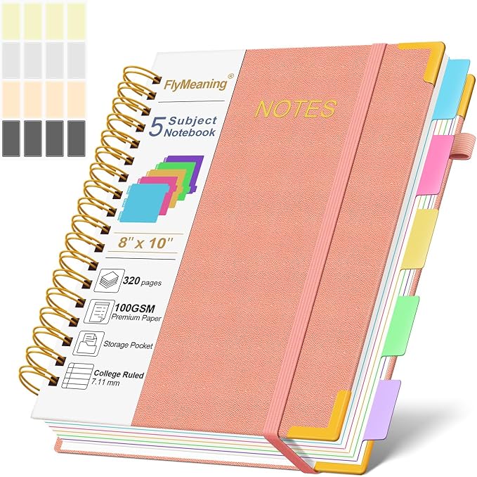 Hardcover Spiral Notebook Journal with Removable Dividers Tabs | 320 Pages, 5 Subject Notebooks College Ruled, 8"x10" Large B5 Leather for Work & School, Lined Journal for Women