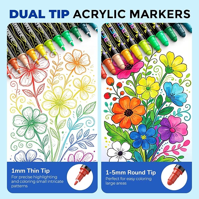 Betem 72 Colors Dual Tip Acrylic Paint Markers, Fabric Decorating Kits | Premium Water-Based Acrylic Paint Pens Art Supplies for Fabric, Rock, Wood, Glass, Canvas, Ceramic, Teacher Appreciation Gift