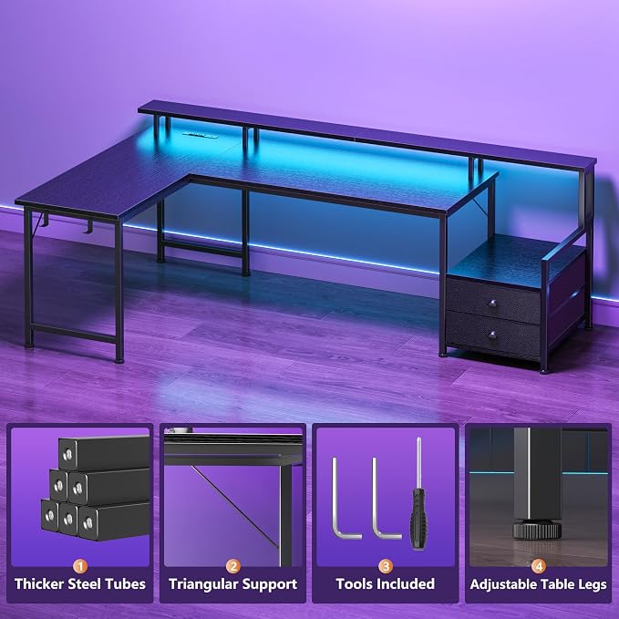 Korfile 66'' L Shaped Gaming Desk with Storage Drawers, Power Outlets, LED | Large Reversible Computer Desk for Multiple Monitors, Black Corner with CPU Stand for Gaming, Work, Home Office, Bedroom