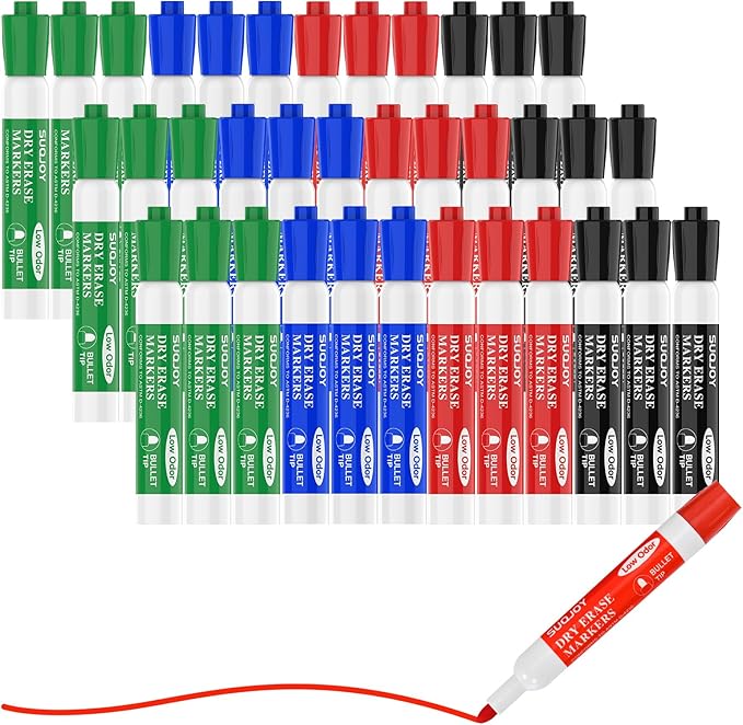 Dry Erase Markers, BulletTip Whiteboard Markers, Low Odor Thick Dry Markers, 36 Bulk 4 Assorted Color Marker for Whiteboard, Classroom, Office & Home
