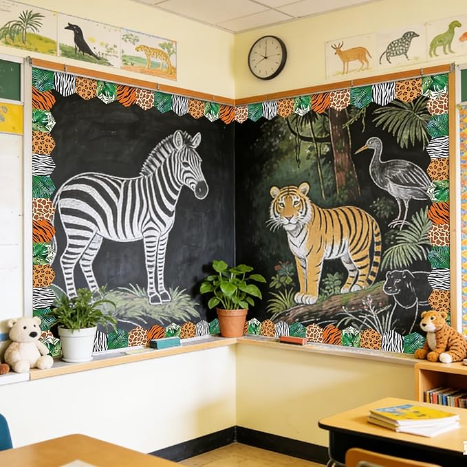 Whaline 32.8Ft Safari Bulletin Board Border Jungle Animal Print Leaves Die Cut Trim Border Roll for Back to School Safari Birthday Chalkboard Wall Decor