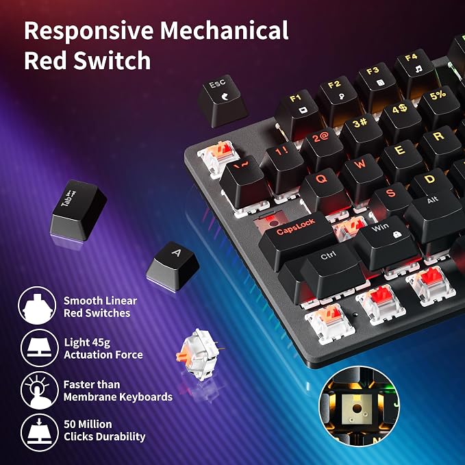 Newmen GM325Pro Mechanical Keyboard,Gaming Keyboard 104 Keys Red Switches | Rainbow LED Backlit,Metal Panel,ABS Black Keycaps,Wired Gaming Mechanical Keyboard for Windows ,Linear Red Switches,QWERTY