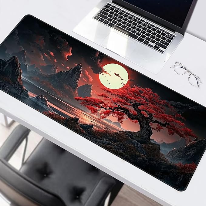 Long Gaming Mouse Pad Extended Anime Large Desk Pad with Non-Slip Base Full Keyboard Mat with Stitched Edges for Gaming and Office 31.5 x 11.8 inches (Night Cherry Blossom)
