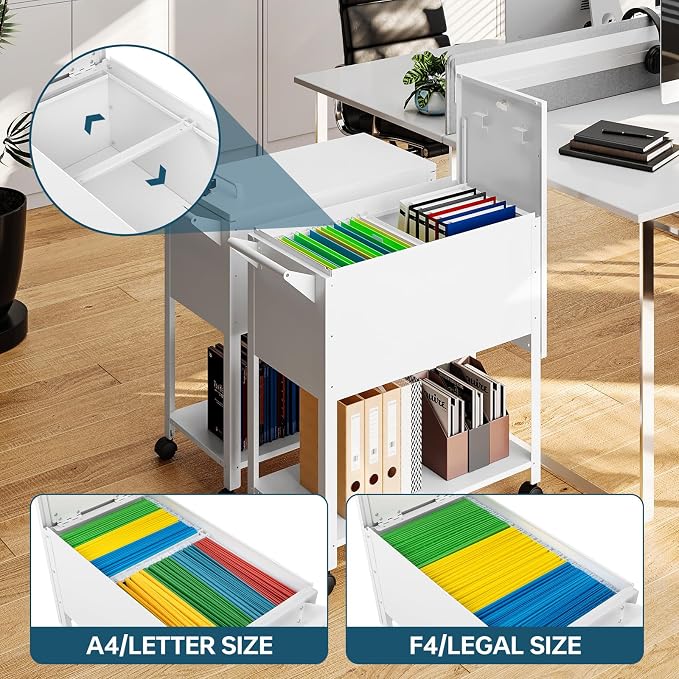 MIIIKO Mobile File Cart with Lock, Rolling File Cabinet Hanging Letter/Legal File Folders with Lockable Sliding Cover, White File Organizer on Wheels