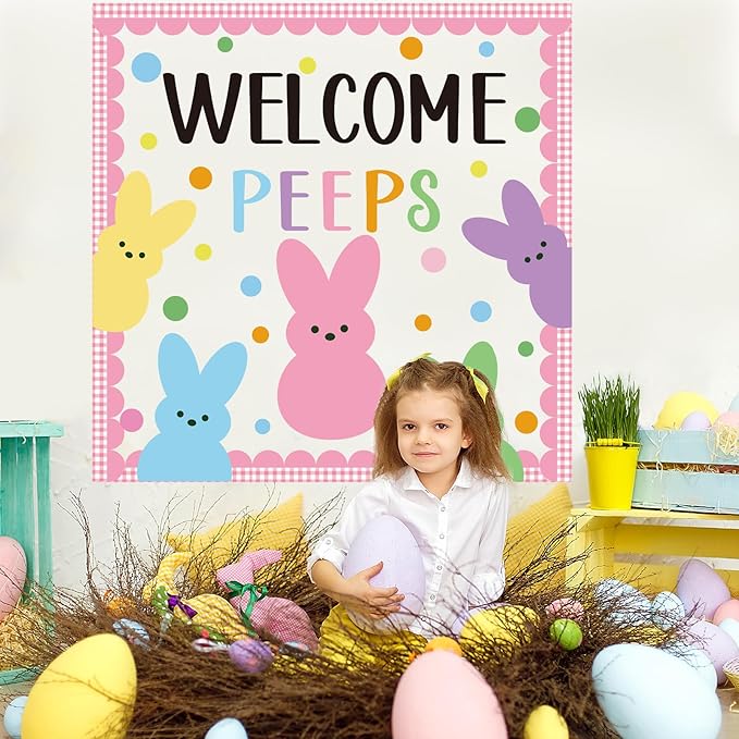 Easter Peeps Bulletin Board Classroom Decorations Set Bunny Cutouts Colorful Easter Bulletin Board Border for Classroom School Chalkboard Nursery Home Door Wall Decor Spring Easter Party Decor
