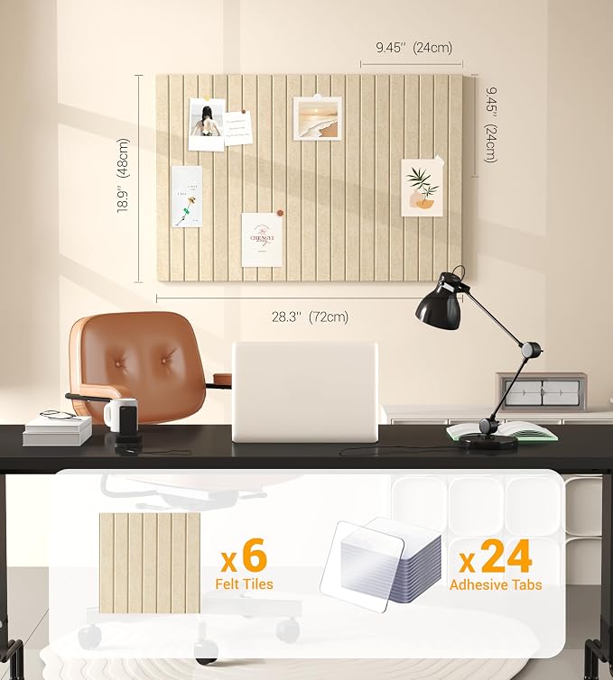 28" x 18" Felt Bulletin Board Tiles 1/2" Thick, Tan | 6 Pack Felt Tiles, Large Cork Board Alternative, 30 Adhesive Tabs, Pin Board for Home Office Decor with Easy Install