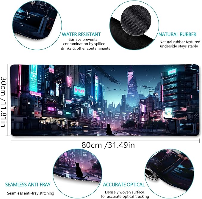 LIMKRIAN Cyberpunk Mouse Pad, Japanese Anime Cat Neon Tokyo Desk Mat Pad | Stitched Edges, Non-Slip, Large Mouse Pads for Desktop Computer Laptop Office Work Game Home, 31.5x11.8 in, Desk Accessories