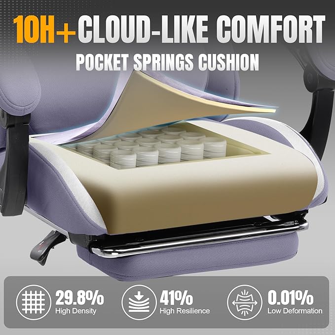 GTPLAYER Gaming Chair with Foot Rest & Pocket Spring Cushion, Breathable Fabric for Home Office Desk, Ergonomic High Back Computer Chair with Headrest & Lumbar Support, Lavender Purple