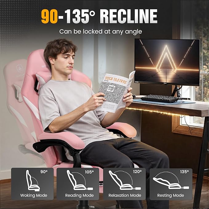 GTPLAYER Gaming Chair with Foot Rest & Pocket Spring Cushion, Ergonomic High Back Computer Chair with Headrest & 360°-Swivel Seat for Home Office Desk, PU Leather, Pink