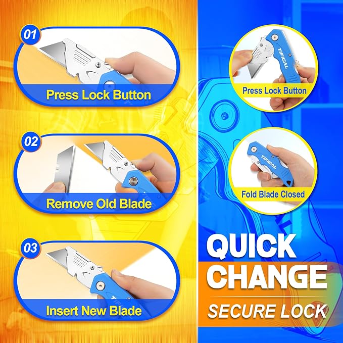 16Pack Box Cutter Retractable, Folding Utility Knife with 20 Blades | SK5 razor knife blades, quick change pocket knife, navajas para trabajo for cardboard, drywall, rope, linoleum and packages
