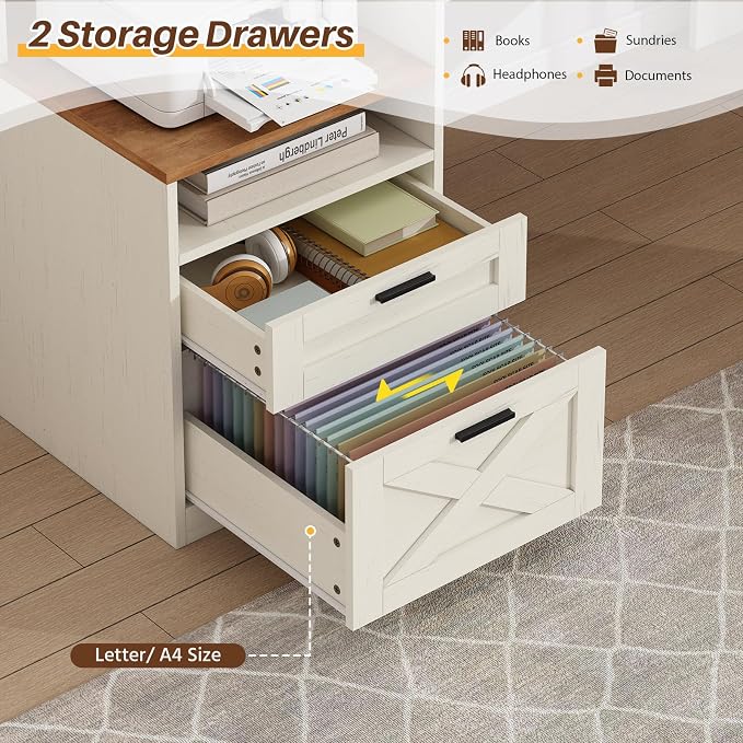 63" Farmhouse L Shaped Desk with Drawers & Storage Shelves for Home Office | Corner Desk with Outlets & LED Lights, L Shaped Office Desks with File Drawer, Printer Shelf, Monitor Stand, Antique White