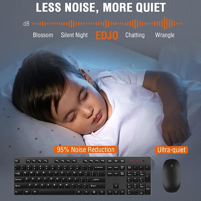 Wireless Keyboard and Mouse Combo, EDJO Silent Full Size Cordless USB Keyboard Mouse, 2.4GHz Lag-Free, Long Battery Life, for Computer, Laptop, PC, Chromebook, Windows (Black, 8 Pack)