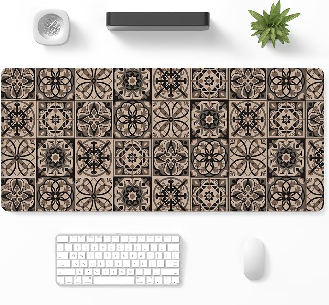 Desk Mat, Large Gaming Mouse Pad, 32" x 12", Boho Moroccan Tile | Waterproof Desk Pad, Non-Slip Rubber Base, Desktop Mat with Stitched Edges, Desk Accessories for Office, Work, Home