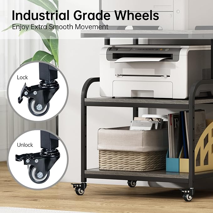 Fannova Gray Printer Stand, 23.6"x18.9" Large Printer Table with Storage | Height Adjustable Middle Shelf, Heavy Duty Industrial Wheels, 3 Tier Rolling Cart for 3D Printer, Home Office Furniture