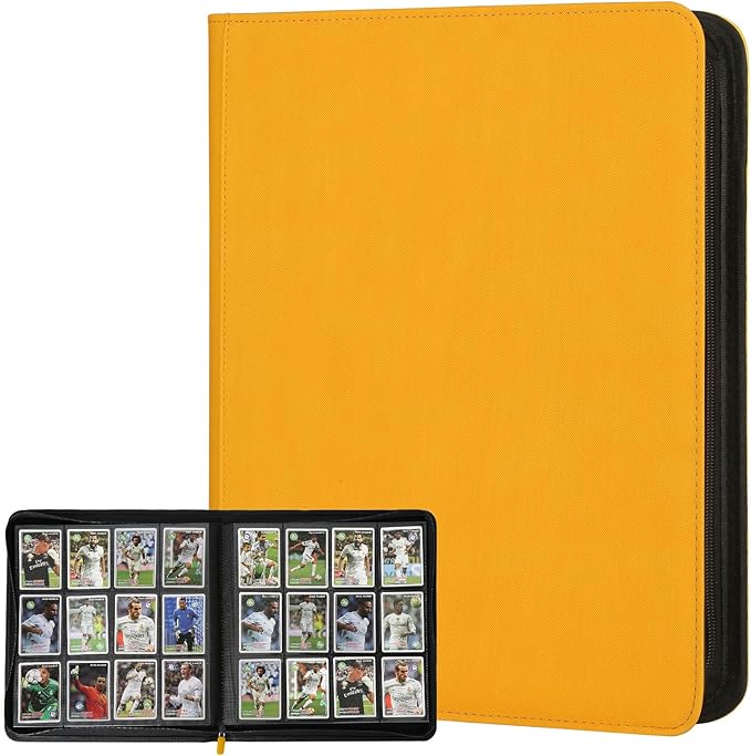 12 Pocket Ringless Side Loading Trading Card Binder, 720 Cards PU Fixed Page Zipper Card Album for TCG Sports Game Cards, Not Fit Top Loaders (Yellow)