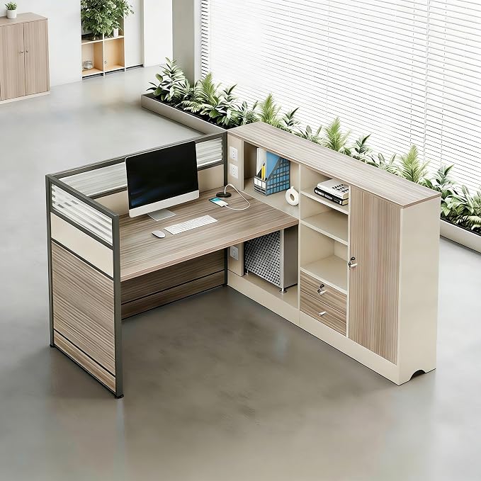 Modern Office Workstation Desk with Side Storage Cabinet, Tempered Glass Privacy Panels, USB Charging Hub & Cable Management, Modular Cubicle Desk for Office Work (A - Right, 1P)