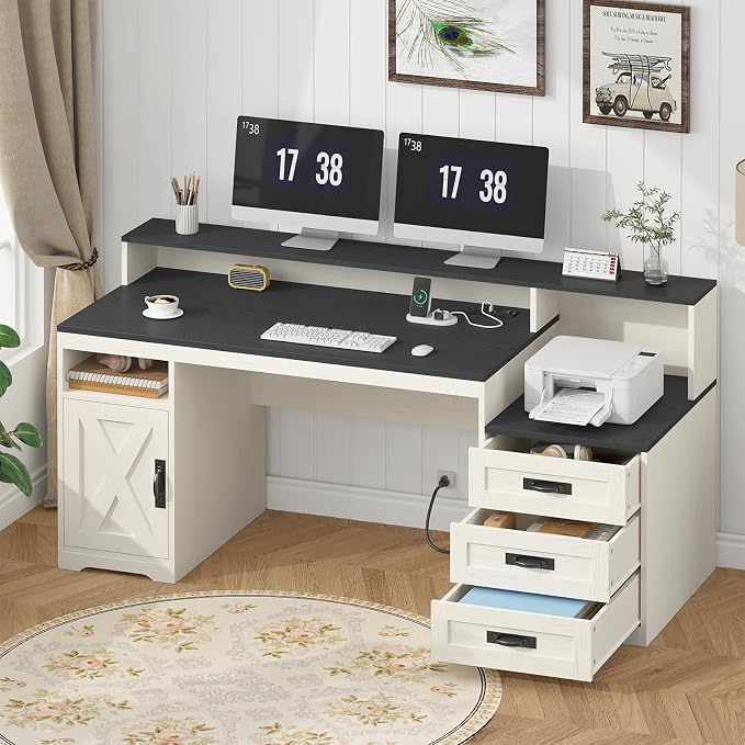 65" Farmhouse Computer Desk with Drawers and Printer Stand for Home Office | Office Desk with Power Outlets and Storage Cabinet, Study Writing Desks with Long Monitor Stand, Black and White