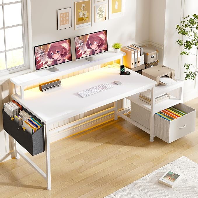 EnHomee 56.5" Office Desk with Drawers & Printer Space for Home Work,White | Computer Desk with 3 AC Outlets& 2 USB Ports,40"*7" Long Monitor Stand,Side Pockets with Storage Space,Home Office,Bedroom