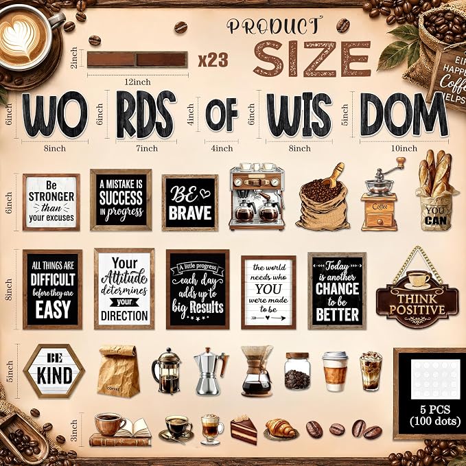 Mooliwe 57 Pcs Coffee Bulletin Board Set Inspirational Classroom Cutouts | Industrial Style for School Office, Coffee Shop Chalkboard Door Decor, Motivational Quotes for Classroom Wall Display
