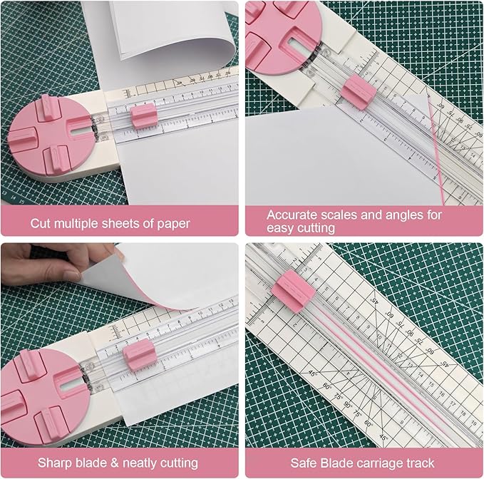 Paper Trimmer, 4 Styles Craft Paper Cutter Multi-Function Scrapbooking Tool for Cutting Paper Photos Scrapbook Postcard (Straight, Wave, Perforated and Creasing Lines) (Pink)