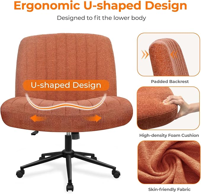 NEO CHAIR Criss Cross Chair with Wheels Armless Cross Legged Office Desk Wide Comfy Vanity Makeup Chair Adjustable Swivel Rolling Computer for Home Office Fabric (Brown) | Cross-Legged Friendly Design, Dual Base with Wheels or Pads, 360° Swivel & Heigh...