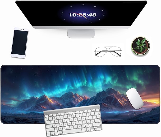 Extra Large Gaming & Office Mouse Pad 31.5" x 11.8" – Aurora Borealis Over Winter Landscape Snow Mountains & Captivating Night Sky, Desk Mat with Durable Stitched Edges for Home&Game Decor