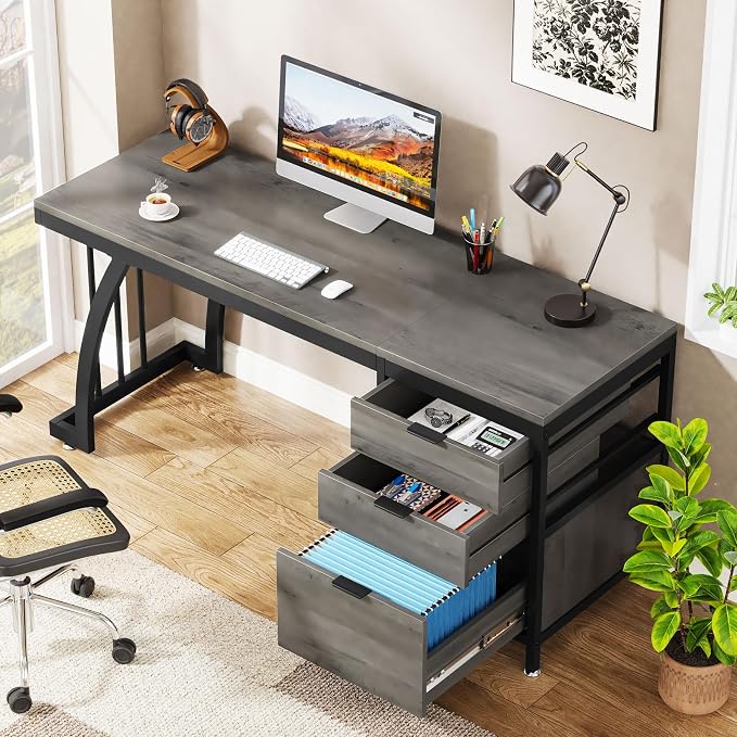 Tribesigns Computer Desk with 3 Drawers, 59-Inch PC Desk with Reversible Drawers, Industrial Study Writing Table Workstation with File Storage for Home Office (Grey)