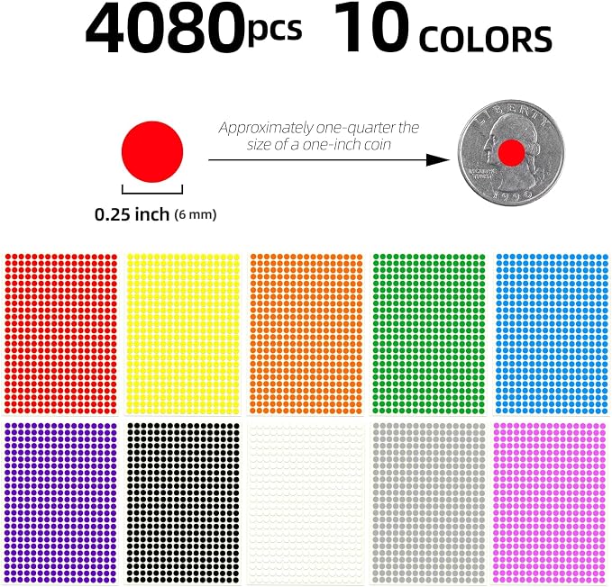 4080 Pcs Small Colored Dot Stickers 1/4" 3/8" & 1/2" Round Circle Stickers Tiny 10 Colors Coding Labels Mini Sticker for Office, Home(10 Colors, 1/4" (6 mm))