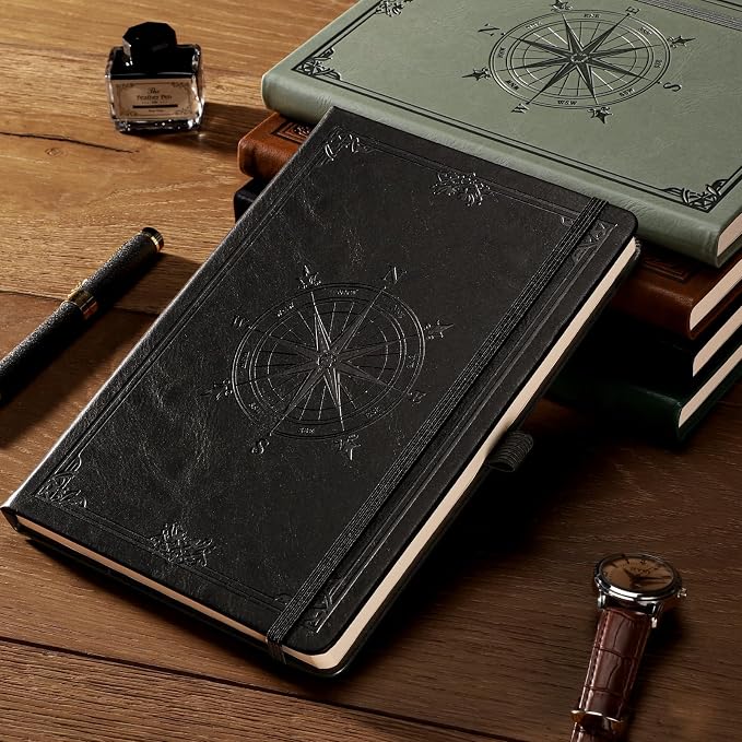 AHGXG Lined Journal Notebook, 192 Numbered Pages, A5 Size (5.7'' x 8.3'') | for Men & Women, Journaling, Writing, Work & Office, Leather Hardcover, 100 GSM Thick Paper (Black)