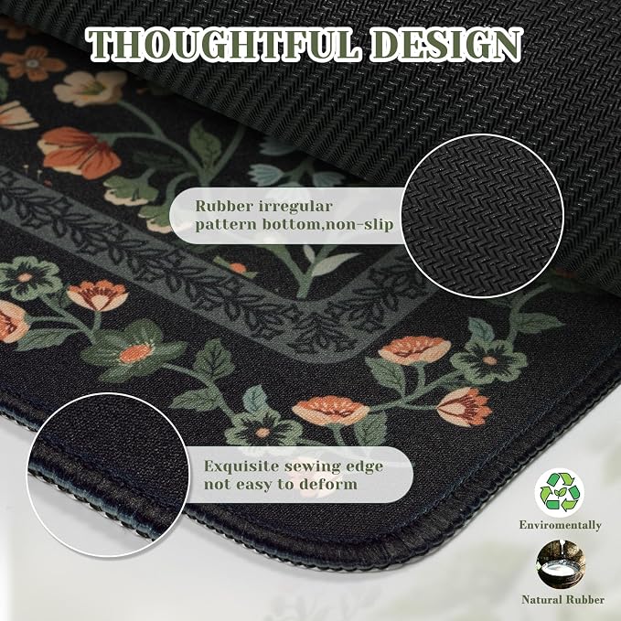iCasso Aesthetic Floral Desk Mat,Retro Mouse Pads,31.5x11.8in, Black | Anti-Slip Mousepad with Stitched Edges, Waterproof Computer Pad, Desk Accessories Office Decor for Women