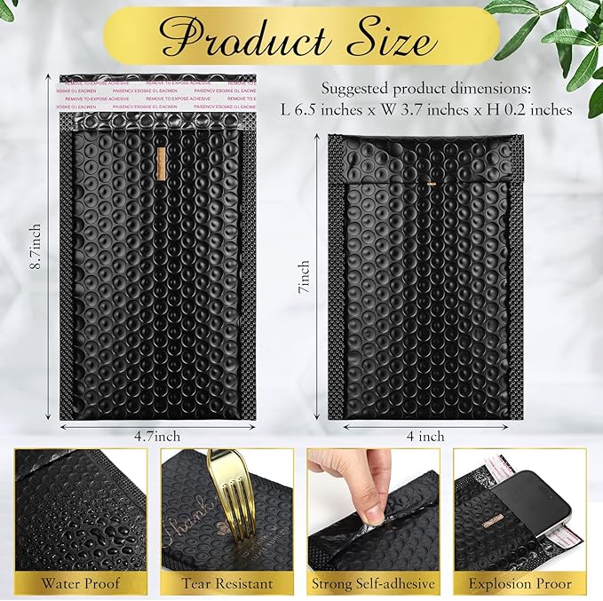 Kosiz 100 Pcs Bubble Mailers Thank You Padded Shipping Envelopes Poly Waterproof Mailing Envelopes Self Adhesive Bags for Small Business Clothing Boutique Jewelry Package (Black,4"x7")