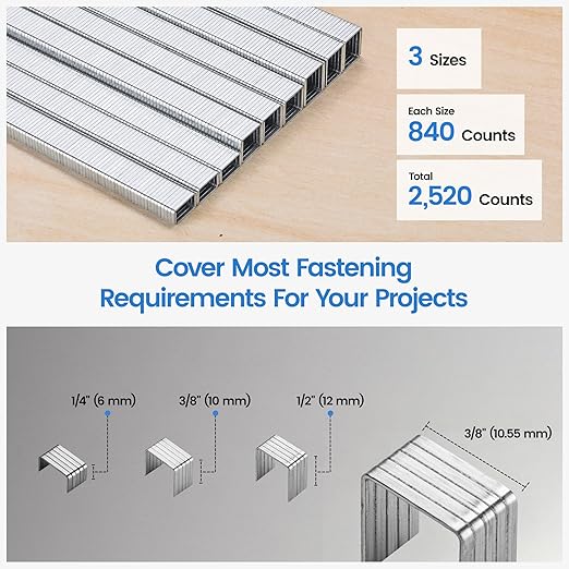 meite T50 Staples, 1/4", 3/8" and 1/2" Leg Staples for Staple Gun, 2,520 Counts, Galvanized, 20 Gauge 3/8 Inch Crown, Ideal for for Upholstery, Construction, Furniture, Crafts