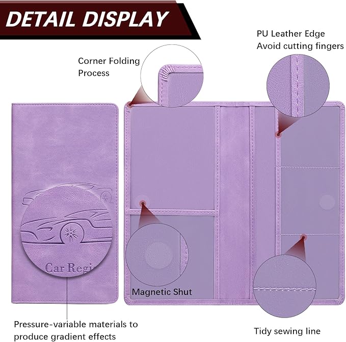 Car Registration and Insurance Card Holder for Women Men, Purple Glove Box Paperwork Organizer with Magnetic Buckle for Easy Access and Protect Documents and Various Cards in Vehicle