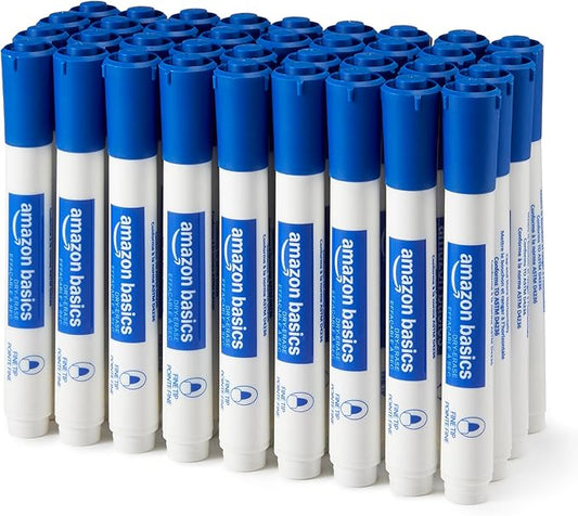 Amazon Basics Low-Odor Dry Erase Whiteboard Markers, Fine Tip, Quick-Dry, Blue, 36-Pack