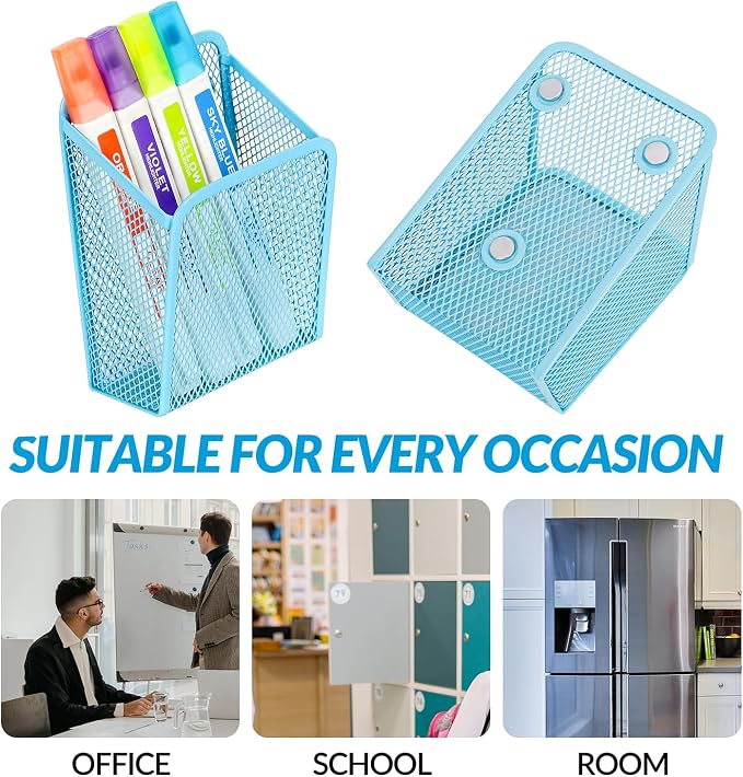 UCYCAZ Magnetic Pen Holder,Single Magnetic Pencil Locker Holder Organizer | Strong Magnets Mesh Marker Holder,Locker Accessories,Writing Storage Organizer,Pen Basket for Whiteboard,Refrigerator (Blue)