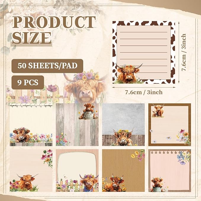 9 Pads Highland Cow Sticky Notes, 3x3 Inch Cute Stick Notepads | Adhesive Memo Notes Pad, Coworker Gifts, Office Supplies Decor, Desk Accessories for Students, Teacher, Meeting