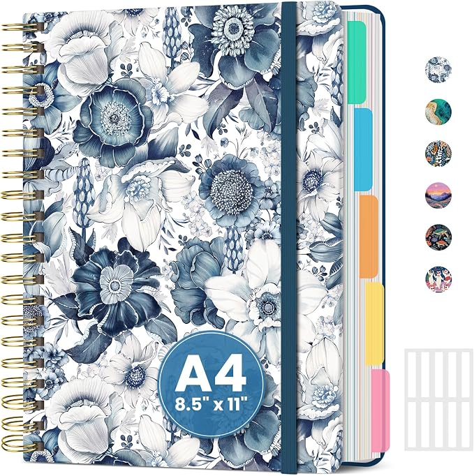 ZOTIA Large Spiral Notebook for Work, 8.5" x 11" Journal for Women, Cute 5 Subject Notebook with Removable Dividers & Tabs, College Ruled Lined Journal for Office and School, 280 Pages, Blue Floral