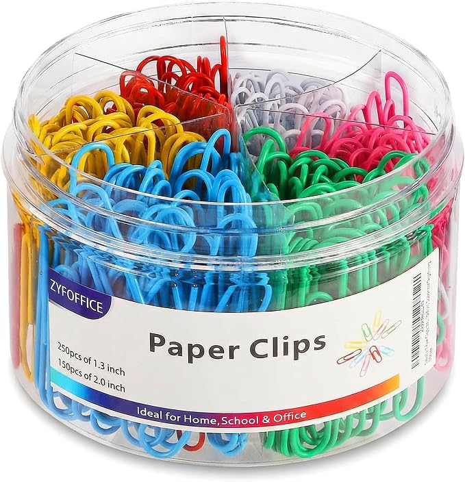 Paper Clips, Assorted Sizes (1.3 & 2 Inch), Colored, 400PCS | Vinyl Coated, Rust Proof, Jumbo & Small Paperclips, Storage Box Included