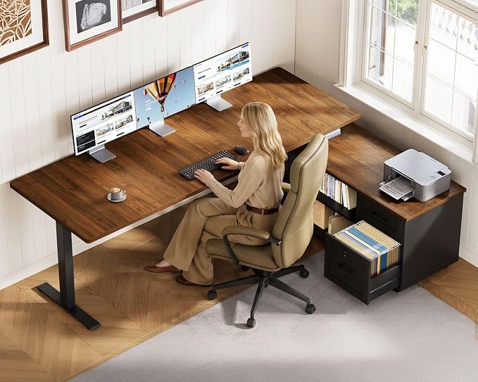 63" L Shaped Electric Standing Desk with Cabinet Sets, Walnut/Black | Mobile Drawers & File Cabinet Sets for Flexible Layout, Height Adjustable Executive Stand Up Desk for Home Office Workstation