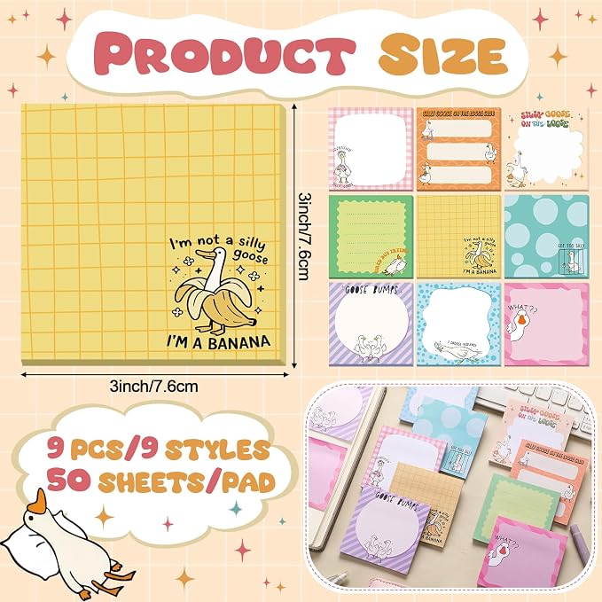 9 Pads Goose Sticky Notes, 3x3 Inch Cute Stick Notepads | Adhesive Memo Notes Pad, Coworker Gifts, Office Supplies Decor, Desk Accessories for Students, Teacher, Meeting