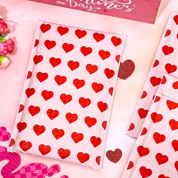 Whaline 50Pcs Valentine Bubble Mailers Red Heart Poly Padded Envelope Self Seal Mailer Bag For Small Business Boutique Packaging Mailing Makeup Clothes Document, 6 x 9 Inch