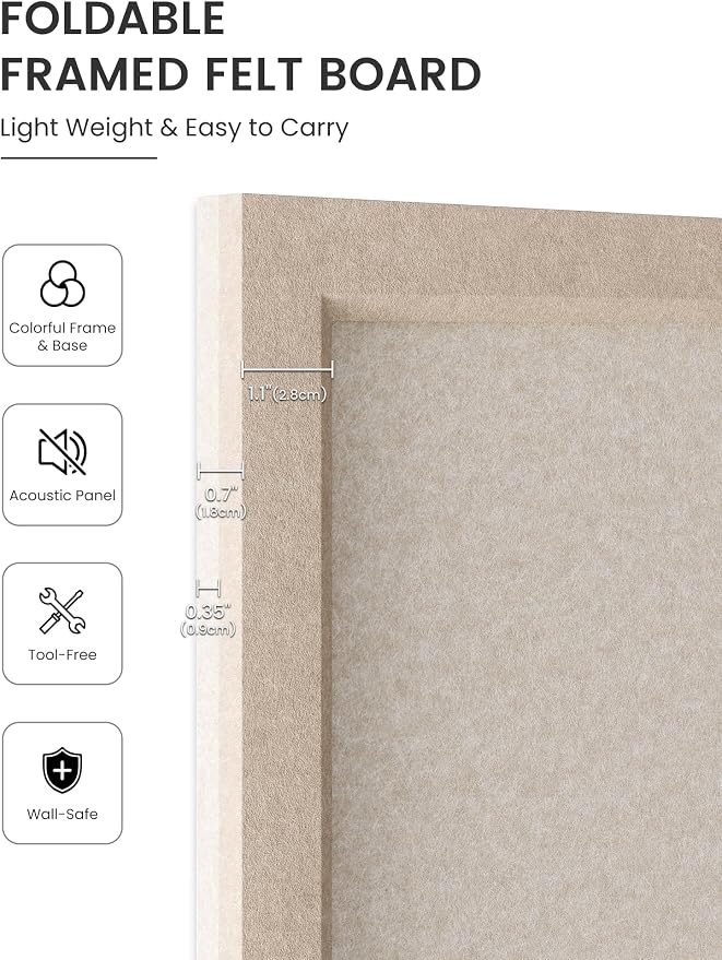 Fluxynara 35.4" x 23.6" Felt Frame Bulletin Board, Oatmeal | Cork Board Alternative with 24 Removable Adhesive Tabs, Foldable Pin Board for Wall, Home, Office, Classroom & Dorm