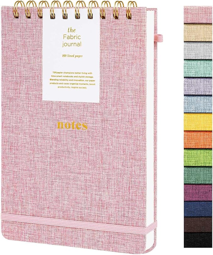 A5 Top Spiral Notebook, Fabric Hardcover College Ruled Journal | 100GSM Paper 160 Lined Pages, 5.7"x8.39" Steno Pads with Elastic Band & Pen Loop, for Work, School Note Taking (Pink)