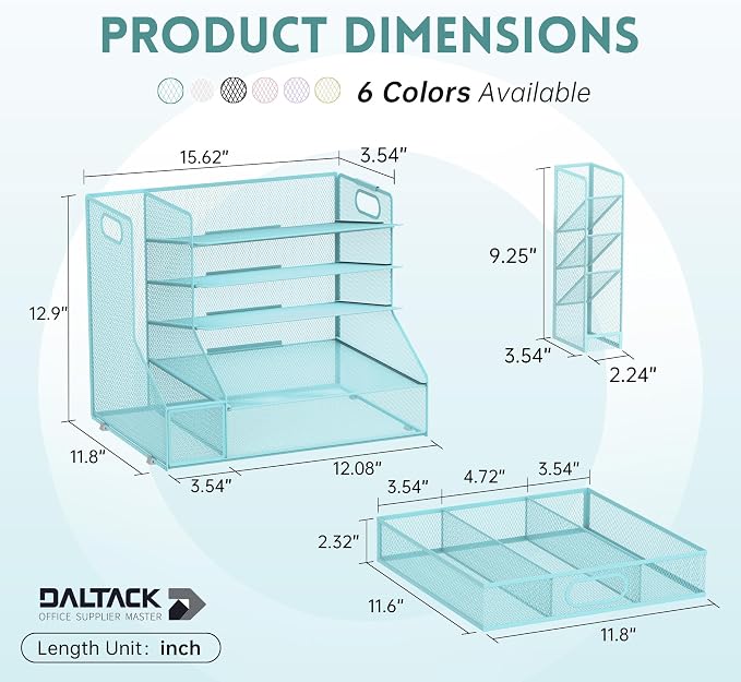 5-Tier Desk Organizer with File Holder & Pen Holder & Sliding Drawer, Blue | Mesh Metal Paper Letter Tray for Papers, Mail, Office Supplies, and Desk Accessories