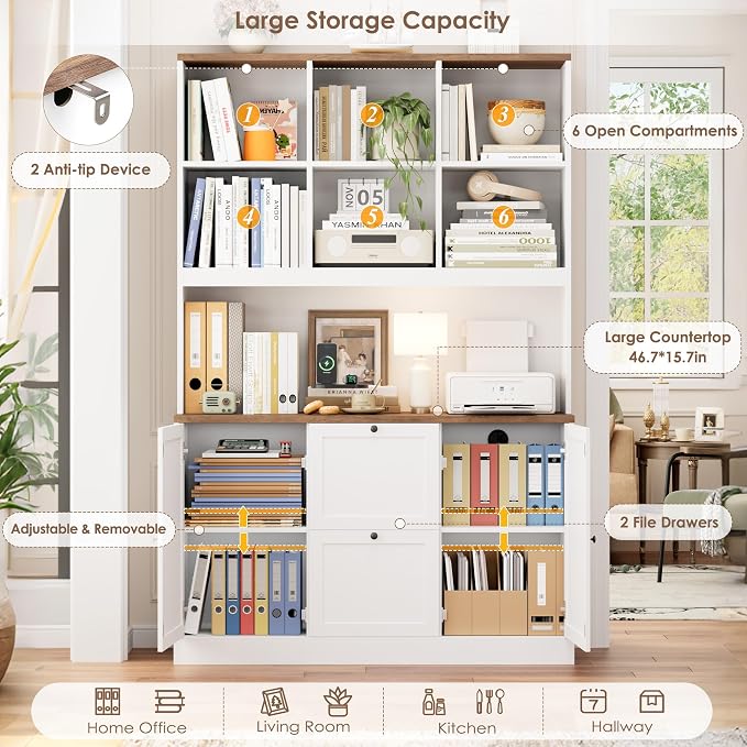 72'' Tall File Bookcase with Power Outlet & Printer Stand, 2 Filing Drawers | Bookshelf with Doors & 2 Adjustable Drawers for Hanging Letter/A4 File, Wood File Cabinets For Home Office Storage, White