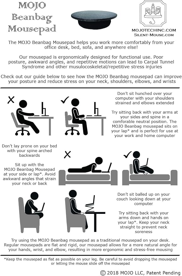 MOJO Beanbag Ergonomic Mousepad - Comfortable Mouse Pad for Sofa, Bed, Lap, Couch, and Anywhere Else (Black Leather)