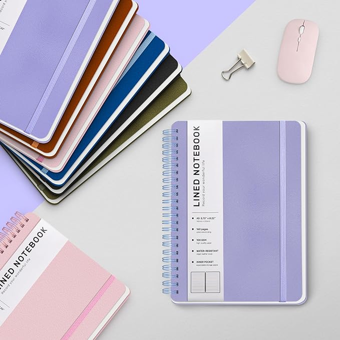 ABERLLS Purple Lined Spiral Journal Notebook with 160 Pages, 8×5.7in, A5 Spiral Notebook, Journaling Notebooks for Work, School, Women, Men, College Ruled Spiral Notebook, Hardcover Leather Journals